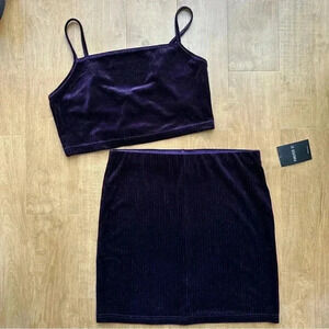 Forever 21 Eggplant Purple Shimmer Ribbed Mini Skirt & Crop Top Set, Size Large